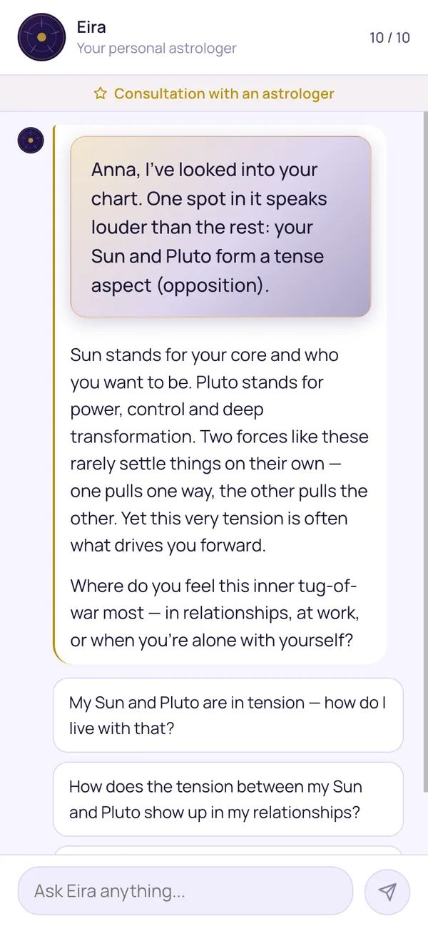 Eira: Talking to Eira. Ask in your own words and get an answer grounded in your chart.